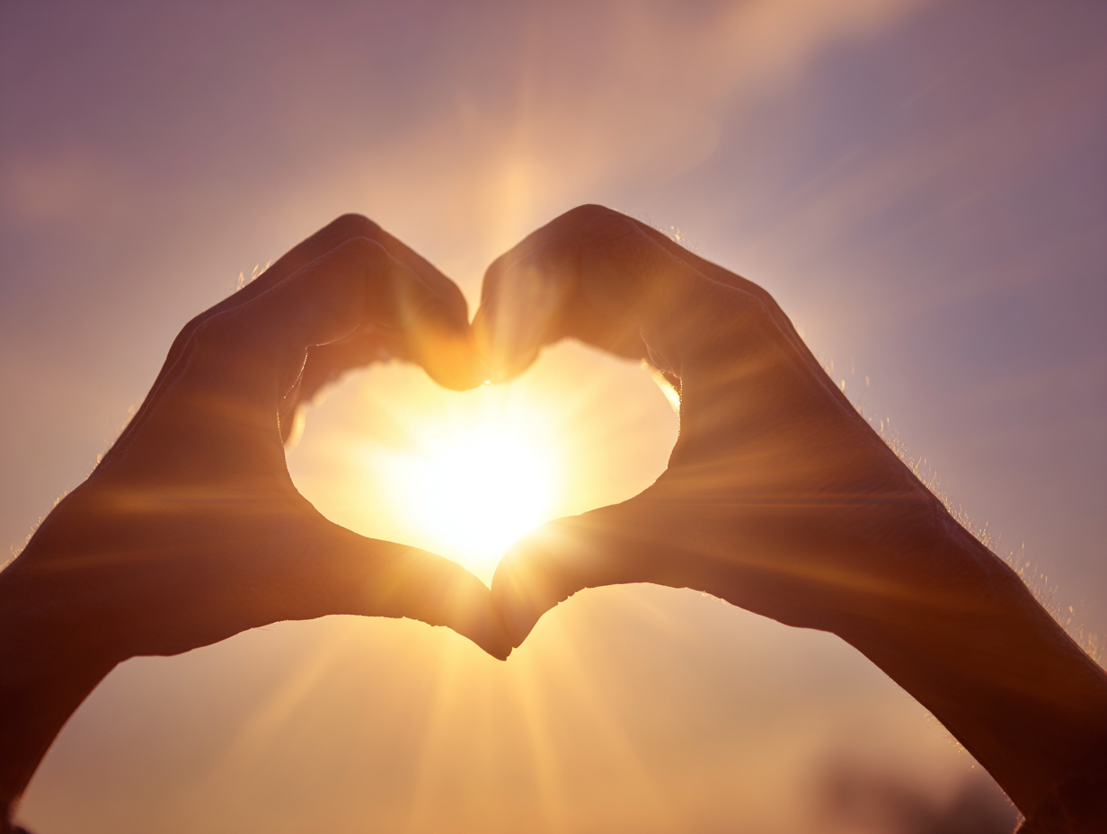 Hand making a heart around a sunset